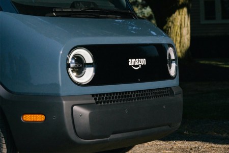 The front end of an electric Amazon delivery van built by EV startup Rivian. The so-called Rivian Prime Vans will reportedly hit the streets in 2021 after testing.
