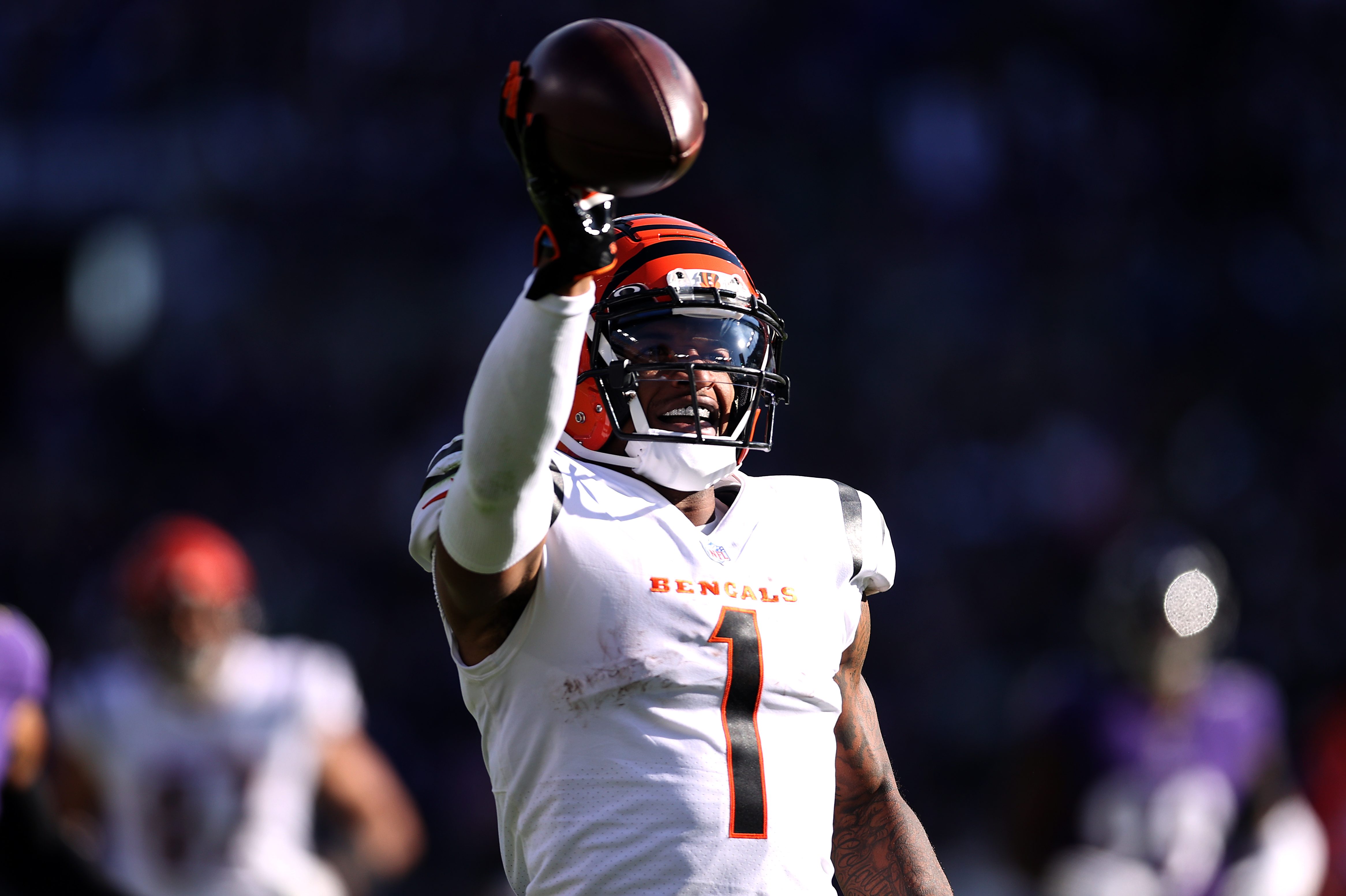 Wide receiver Ja'Marr Chase of the Bengals celebrates after scoring a touchdown