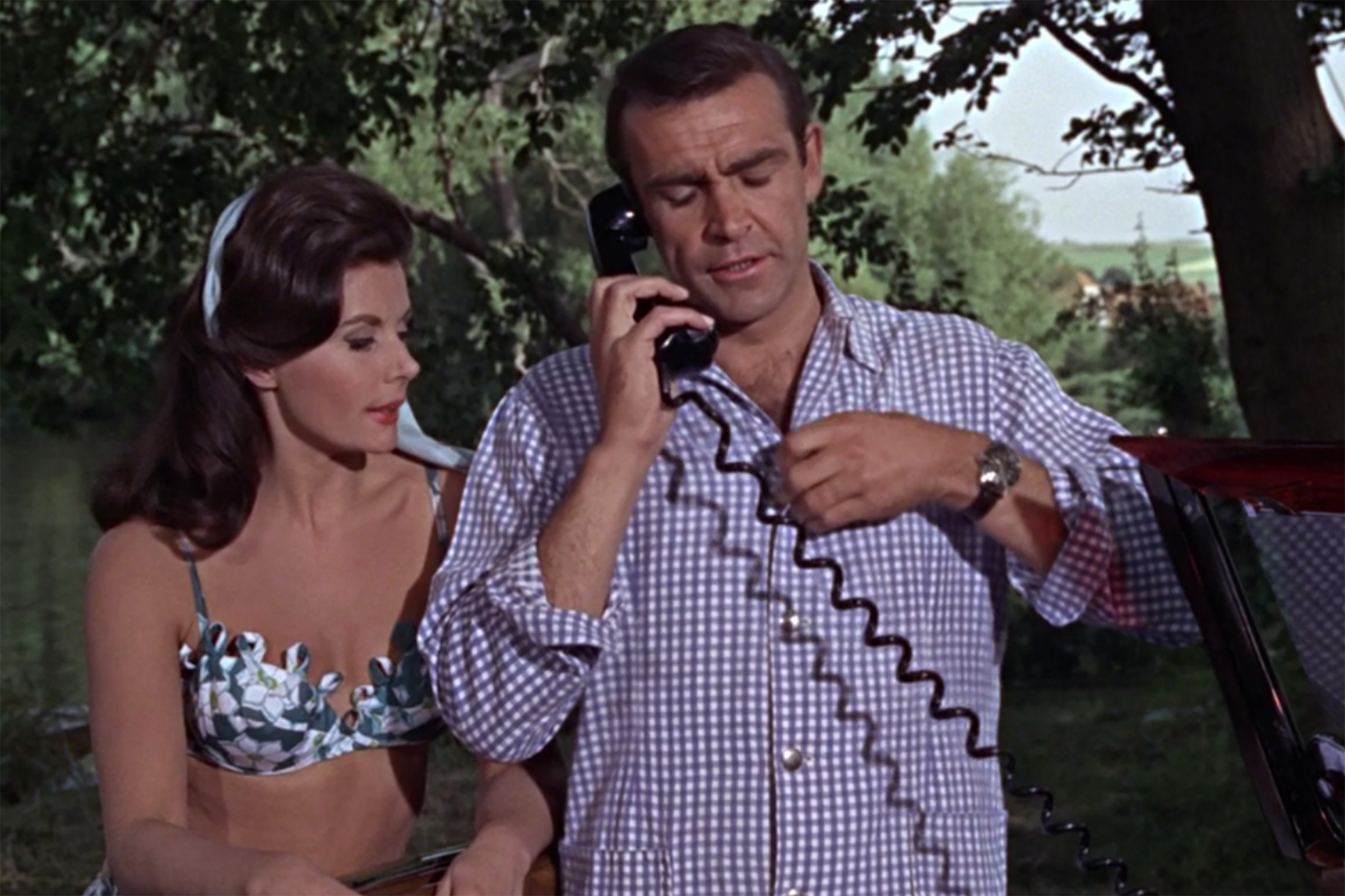 In From Russia with Love, Connery dons a purple gingham shirt.