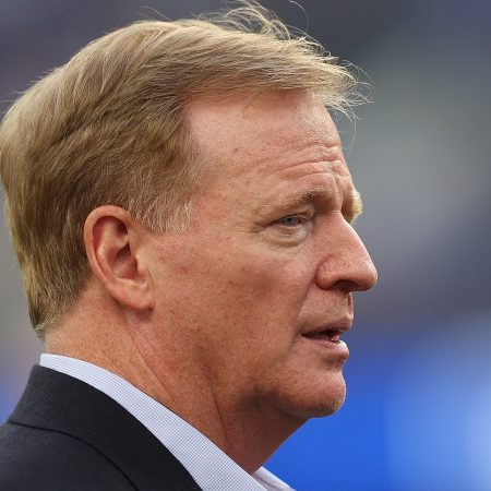 Roger Goodell watches a game between the Los Angeles Rams and the Chicago Bears