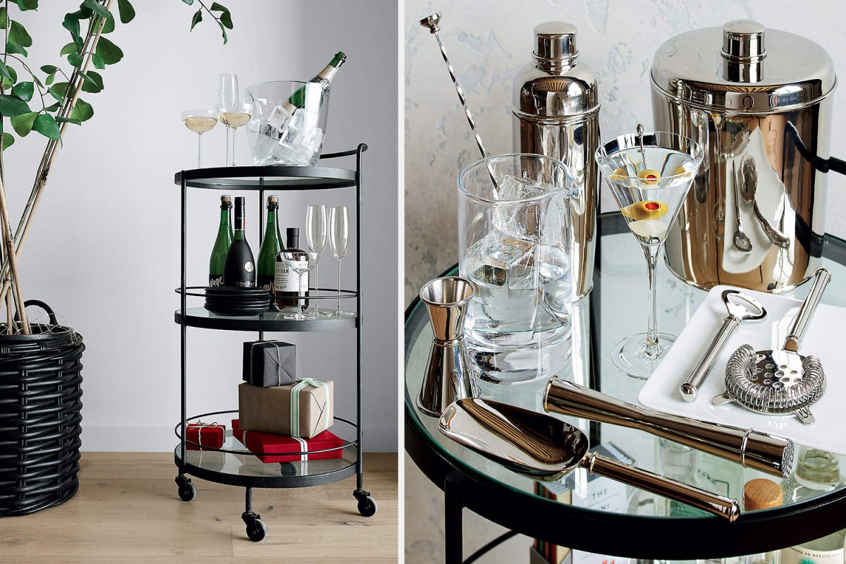 A full-length and close-up photo of the Noir Round Bar Cart from Crate and Barrel, a three-tiered bar cart filled with bottles of booze and cocktail accoutrement