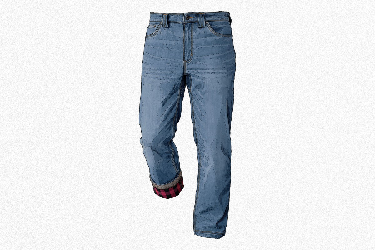 An illustration of Duluth Trading Company's Men's Ballroom Double Flex Standard Fit Flannel Lined Jeans, which is our favorite pair of flannel lined jeans