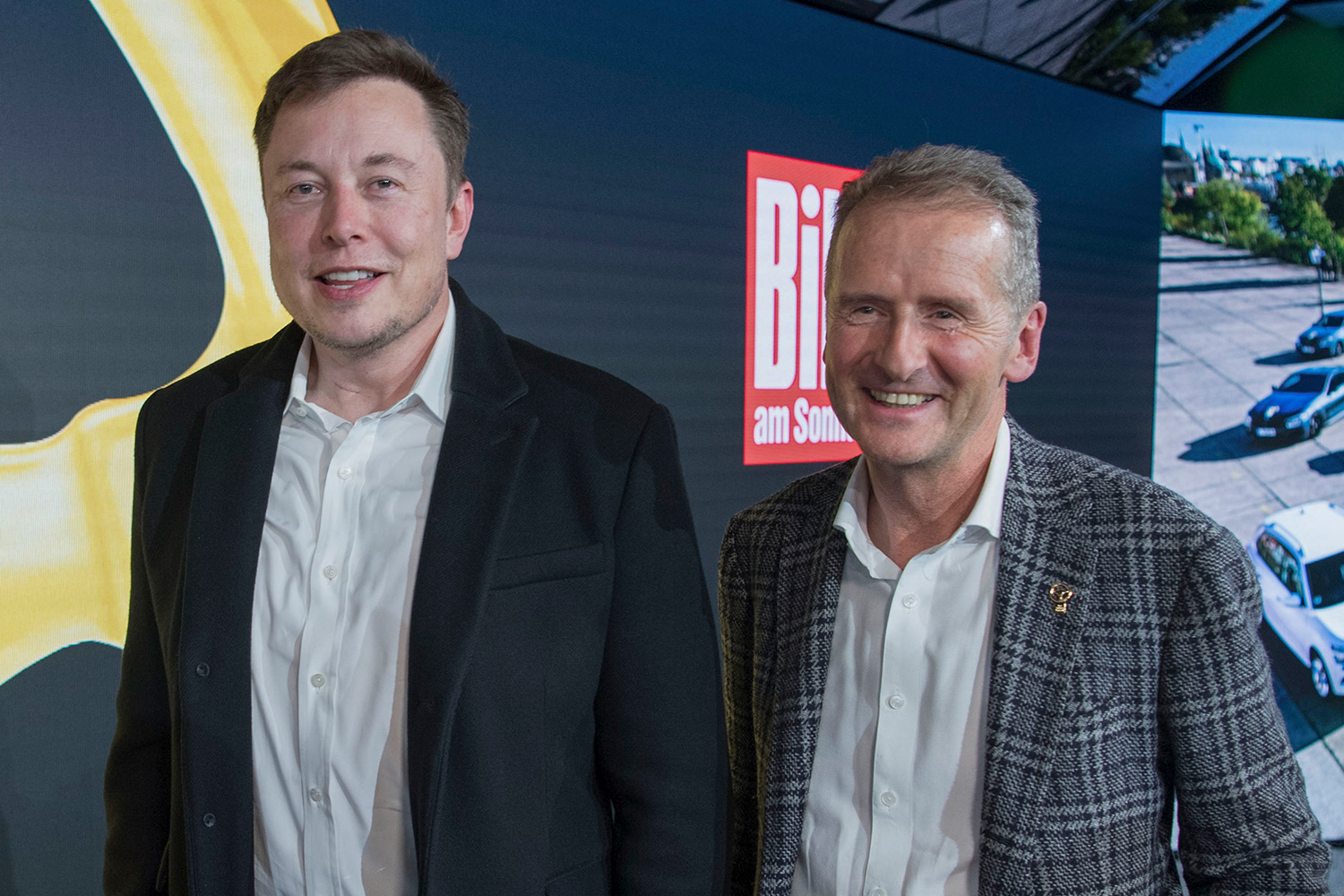 Tesla CEO Elon Musk (left) with Volkswagen CEO Herbert Diess in Berlin in 2019