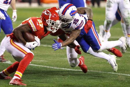 Rashad Fenton of the Kansas City Chiefs intercepts a pass