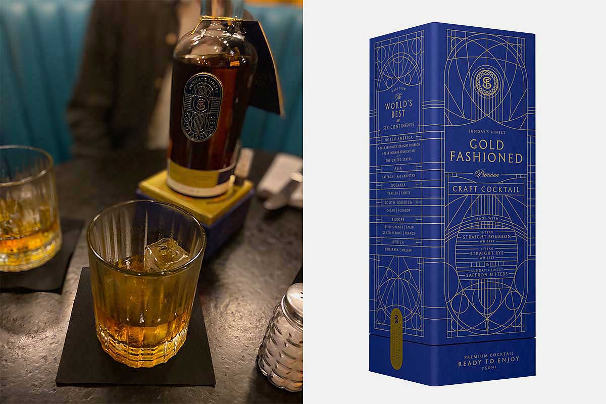A closer look at the Gold Fashioned in a glass and the packaging of the bottle