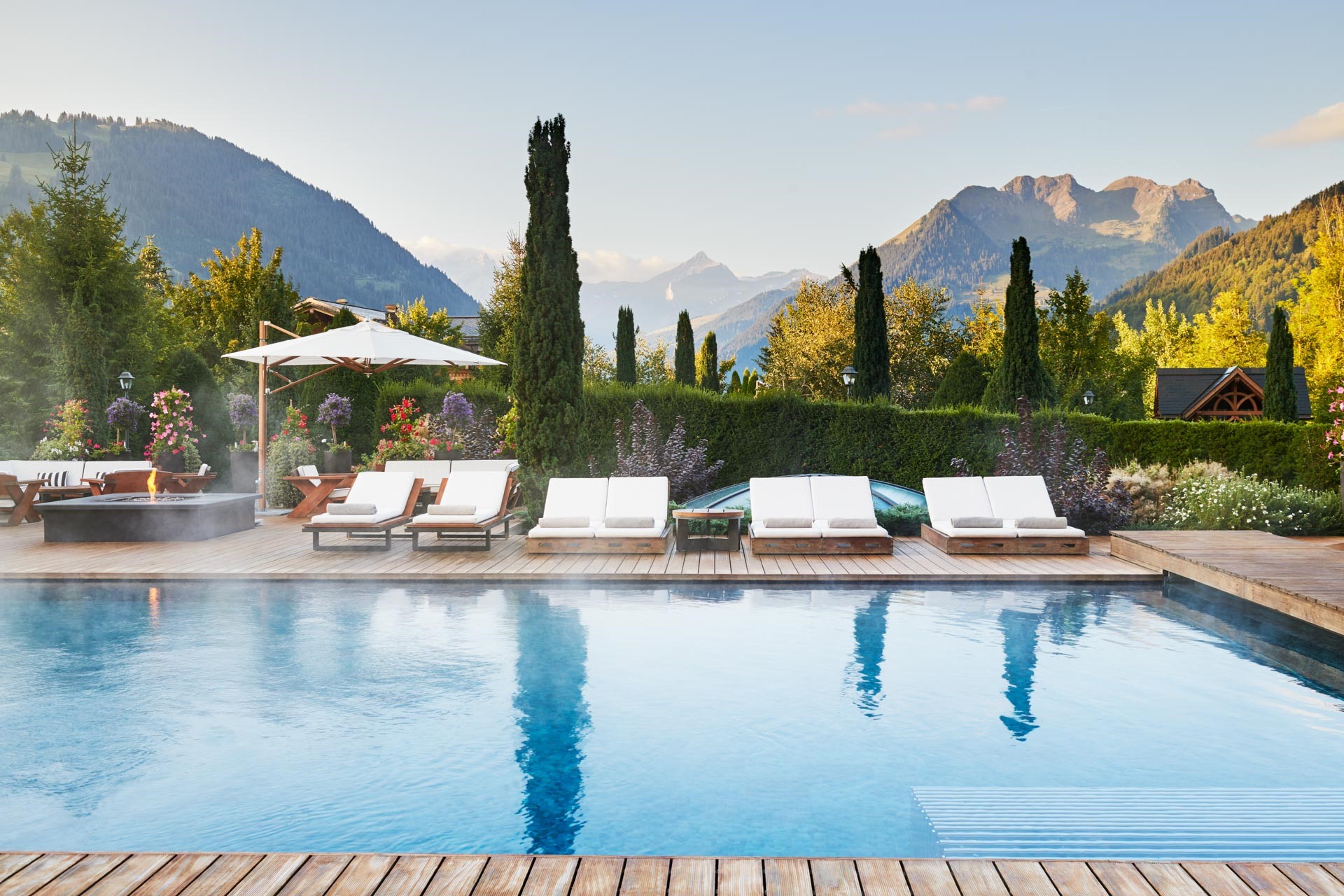The hotel pool at the Alpina Gstaad