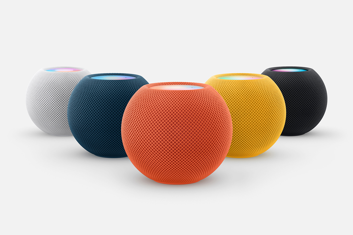 HomePod mini is now available in three bold new colors: orange, yellow, and blue, in addition to white and space gray.