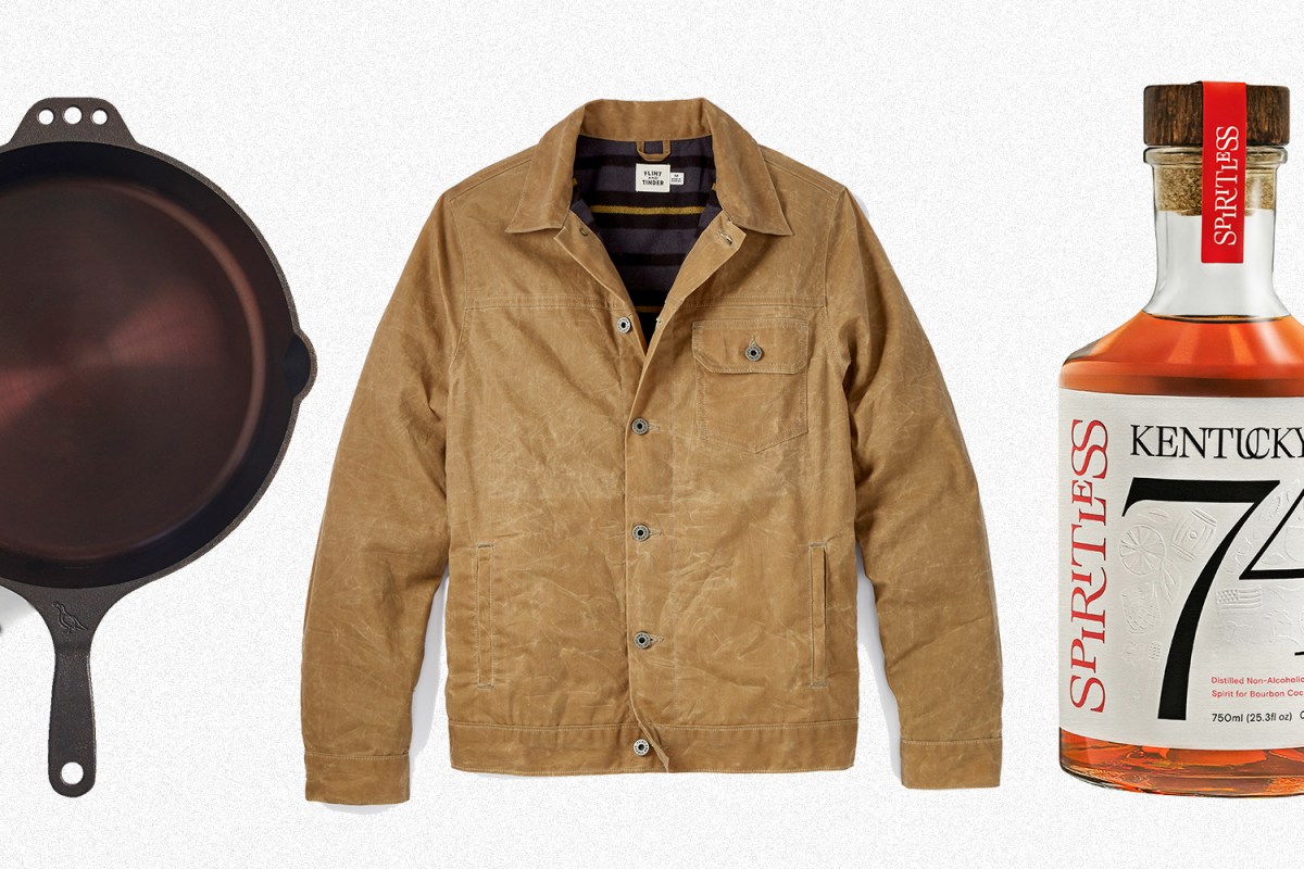 A Smithey cast iron pan, Flint and Tinder's flannel-lined waxed trucker jacket and Kentucky 74 non-alcoholic bourbon from Spiritless