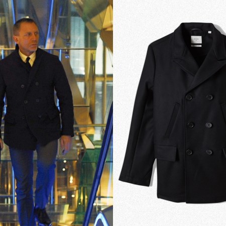Daniel Craig 007 in the James Bond movie Skyfall on the left, the right is the peacoat he's wearing, the black Bond Peacoat from Billy Reid