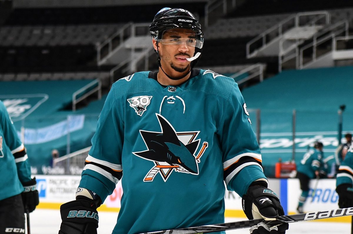 Evander Kane skates onto the ice while facing the Anaheim Ducks. Kane has been suspended 21 games for using a fake Covid-19 vaccination card.