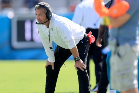 Urban Meyer of the Jacksonville Jaguars watches the action on the field. Meyer equated his first NFL win with winning a college championship.