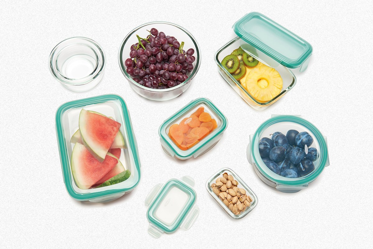 An array of eight glass food storage containers from OXO's Smart Seal line, all on sale through the end of October 2021
