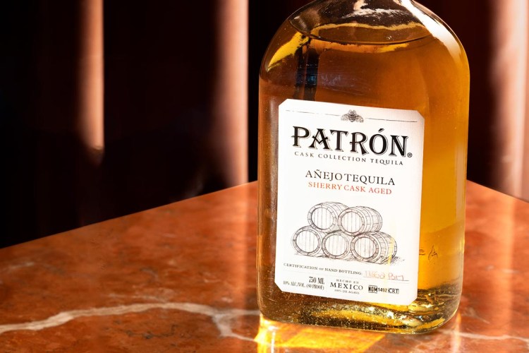 A bottle of Patrón Sherry Cask Añejo, a new trend of aging tequila in different barrels