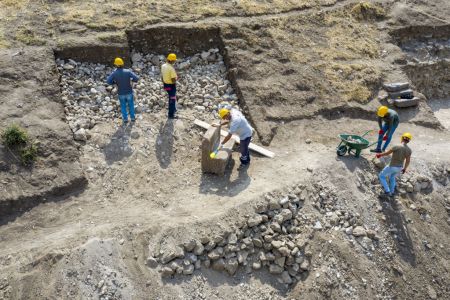 A drone photo shows a view of excavation works in Pergamon Ancient City in Bergama district of Izmir, Turkey