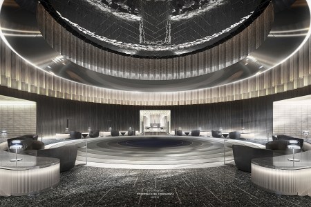 A rendering of the reception area in a new hotel from Steigenberger Porsche Design Hotels, a new hotel brand in the luxury lifestyle segment