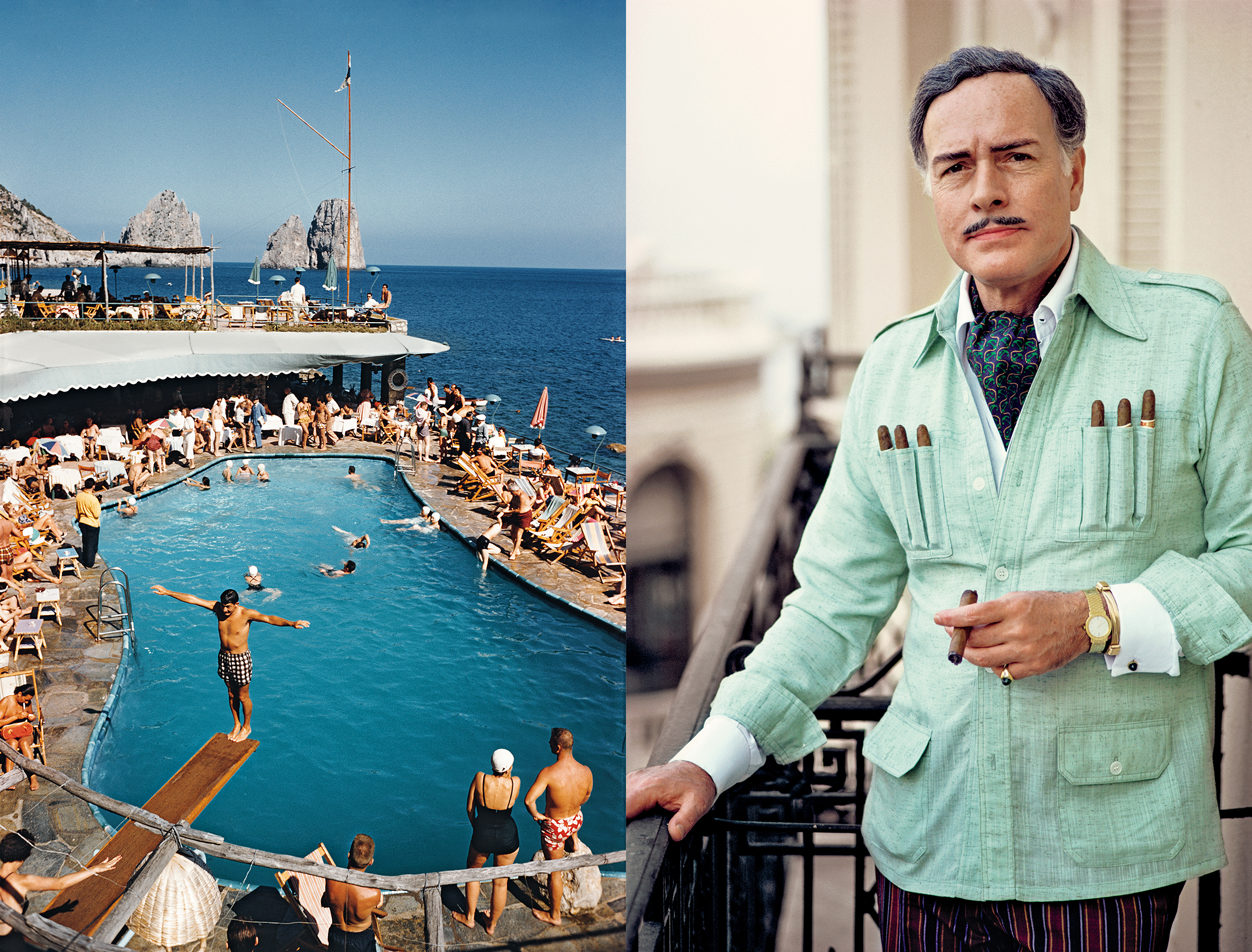 Two photos by Slim Aarons: one of a man jumping off a diving board at a party, and one of a wealthy man in a guayabera shirt smoking a cigar