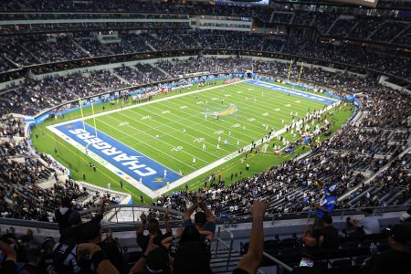 A view of the Las Vegas Raiders playing the Los Angeles Chargers at SoFi Stadium. Weather delays affected the game at the indoor stadium.