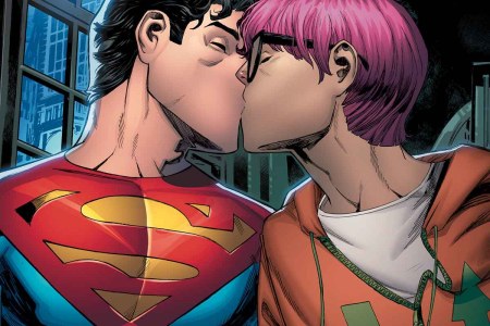 Superman (Jonathan Kent) has entered into a relationship with a male reporter in the Superman comic books, shown here as he kisses pink-haired reporter Jay Nakamura
