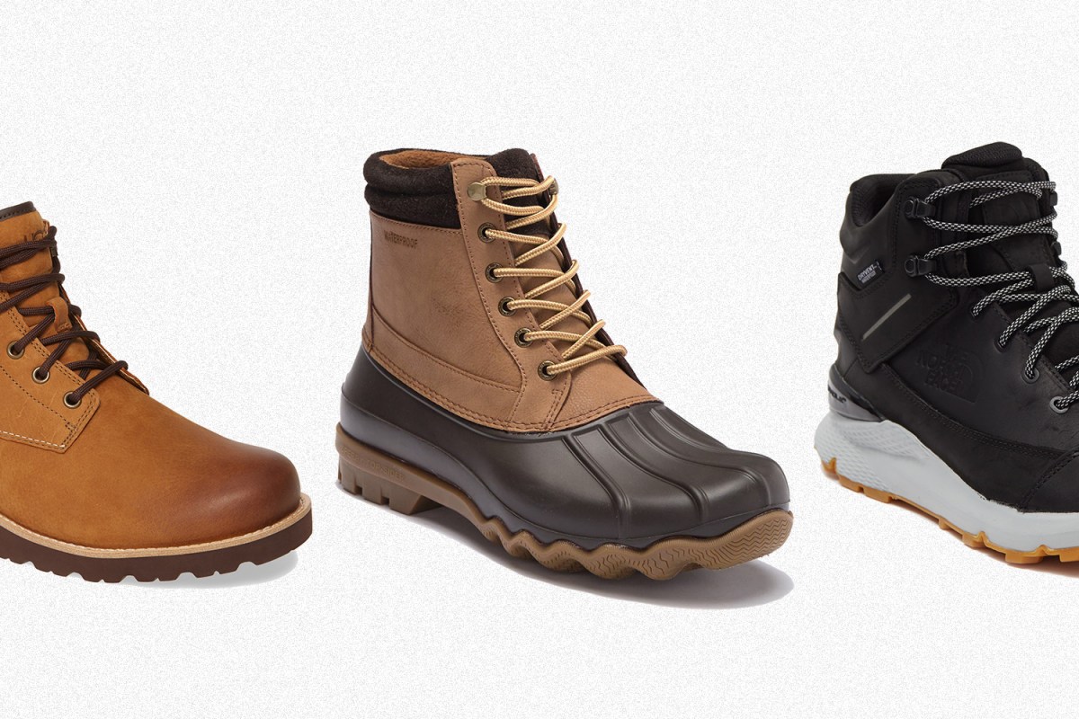 Waterproof boots from Ugg, Sperry and The North Face in a line on a grey background