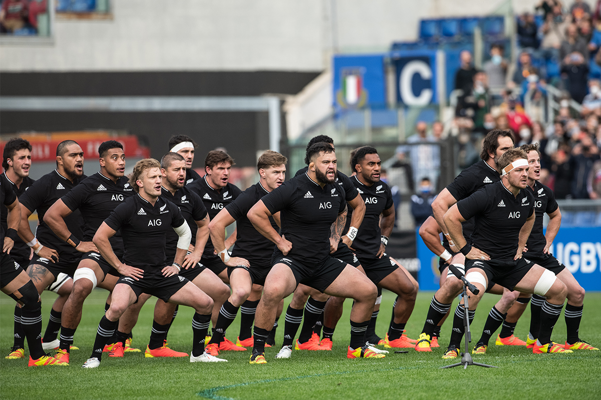 New Zealand's All Blacks rugby team performing the haka Māori dance before a game