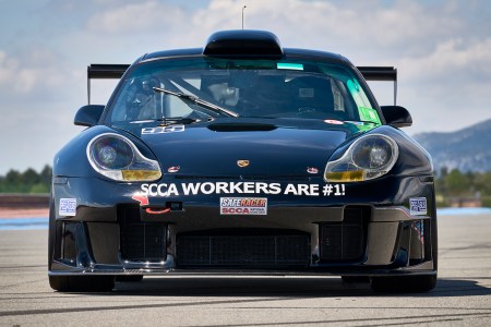 The front end of Scott Tucker's 2001 Porsche 996 Turbo SCCA "Hurricane" race car, which will head to auction in November 2021