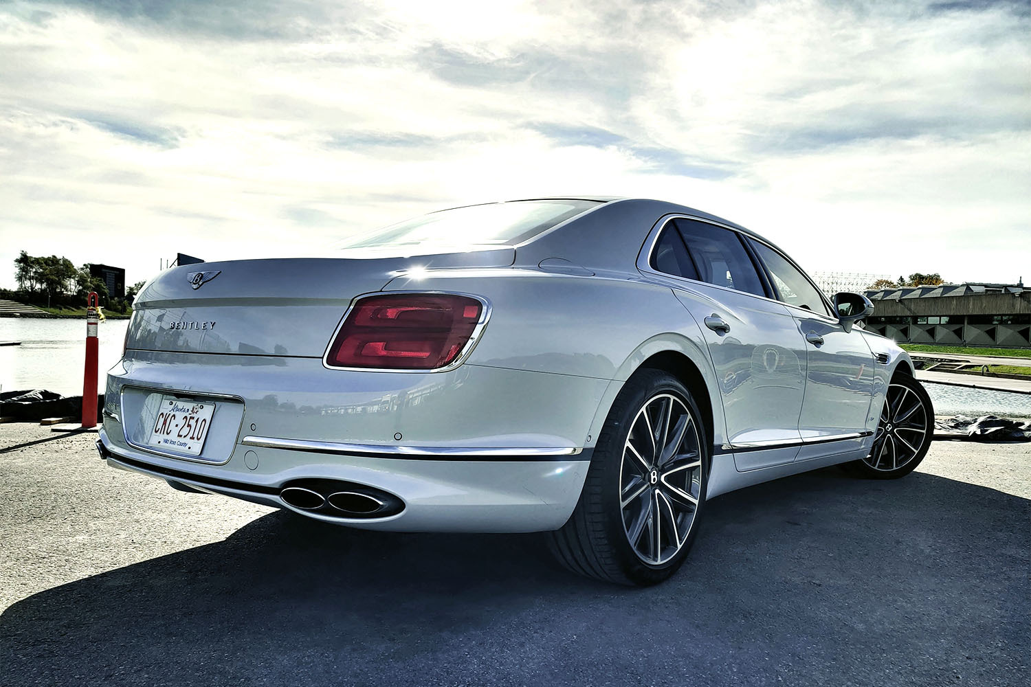 The back end of the 2022 Bentley Flying Spur in white