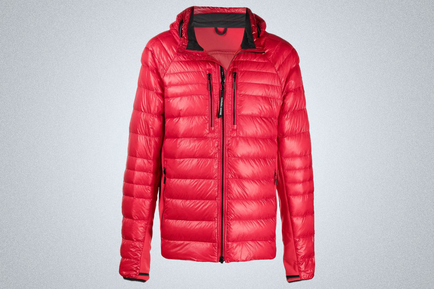 a bright red puffer jacket