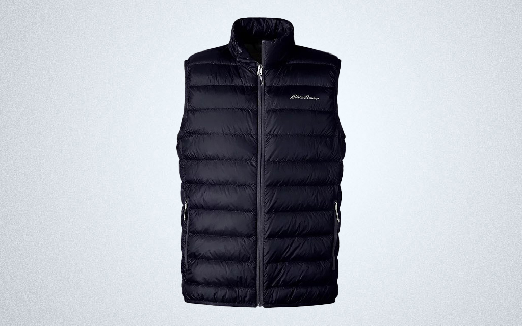 The Eddie Bauer CirrusLite Down Vest in black is light enough to carry anywhere for immediate warmth in cold weather