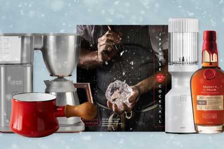 A Dansk saucepan, Cafe coffeemaker, the book The Japanese Art of the Cocktail, a Beast blender, and a bottle of Maker's Mark whiskey, all great holiday gifts for 2021