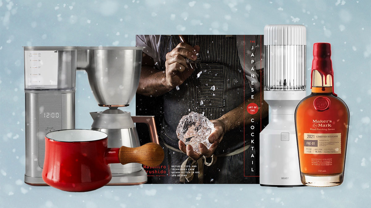 A Dansk saucepan, Cafe coffeemaker, the book The Japanese Art of the Cocktail, a Beast blender, and a bottle of Maker's Mark whiskey, all great holiday gifts for 2021