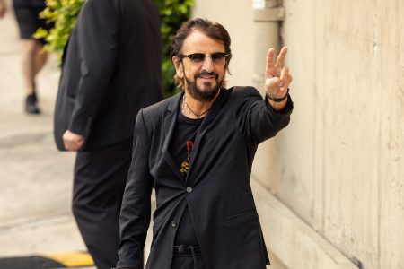 Ringo Starr is seen giving the peace sign at "Jimmy Kimmel Live" on September 23, 2021 in Los Angeles, California.