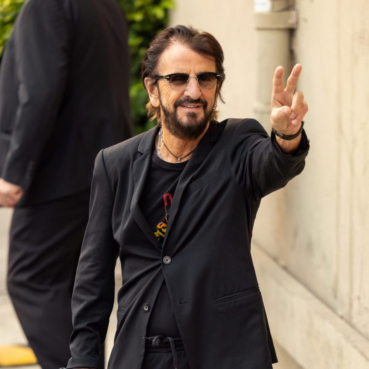 Ringo Starr is seen giving the peace sign at "Jimmy Kimmel Live" on September 23, 2021 in Los Angeles, California.