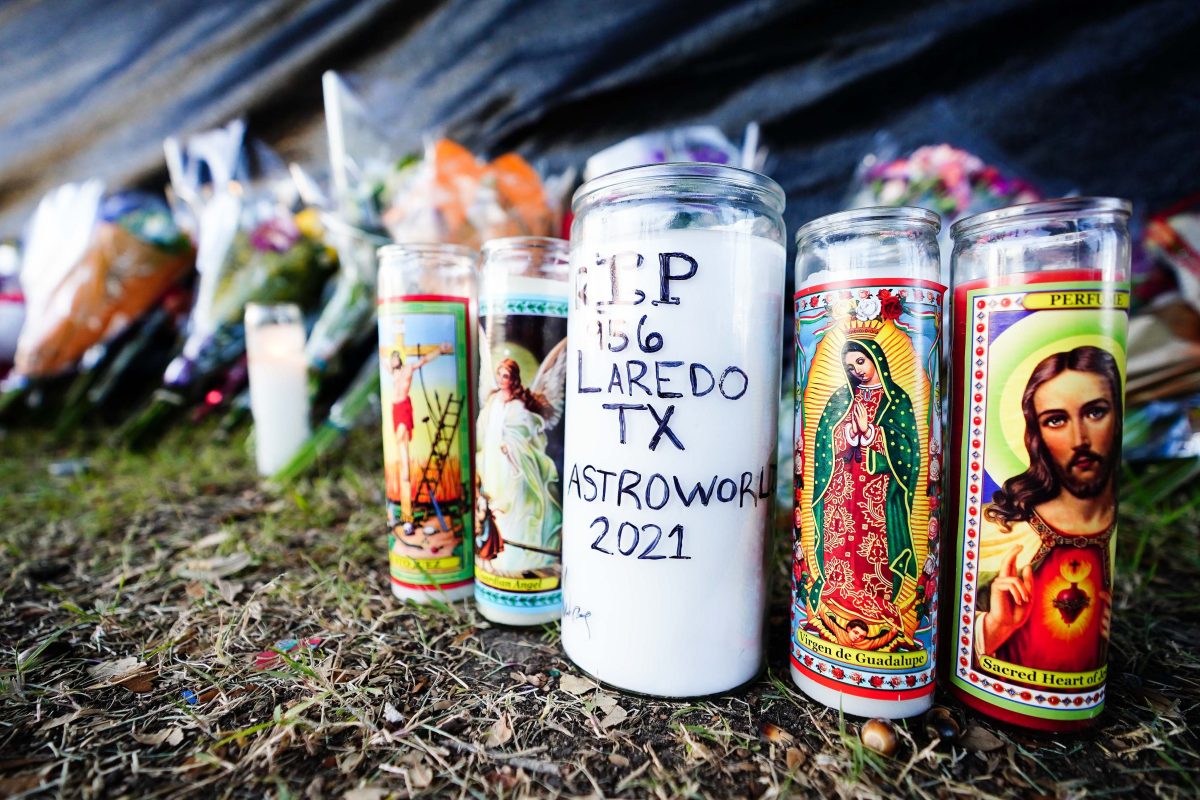 Candles are seen outside of the canceled Astroworld festival at NRG Park on November 7, 2021 in Houston, Texas. According to authorities, eight people died and 17 people were transported to local hospitals after what was described as a crowd surge.