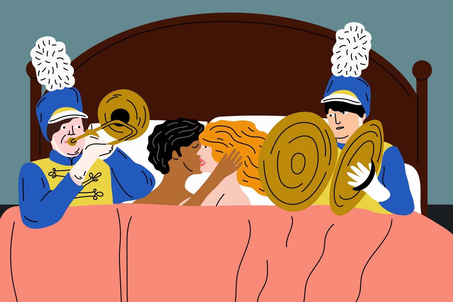 Illustration shows a couple in bed with a marching band