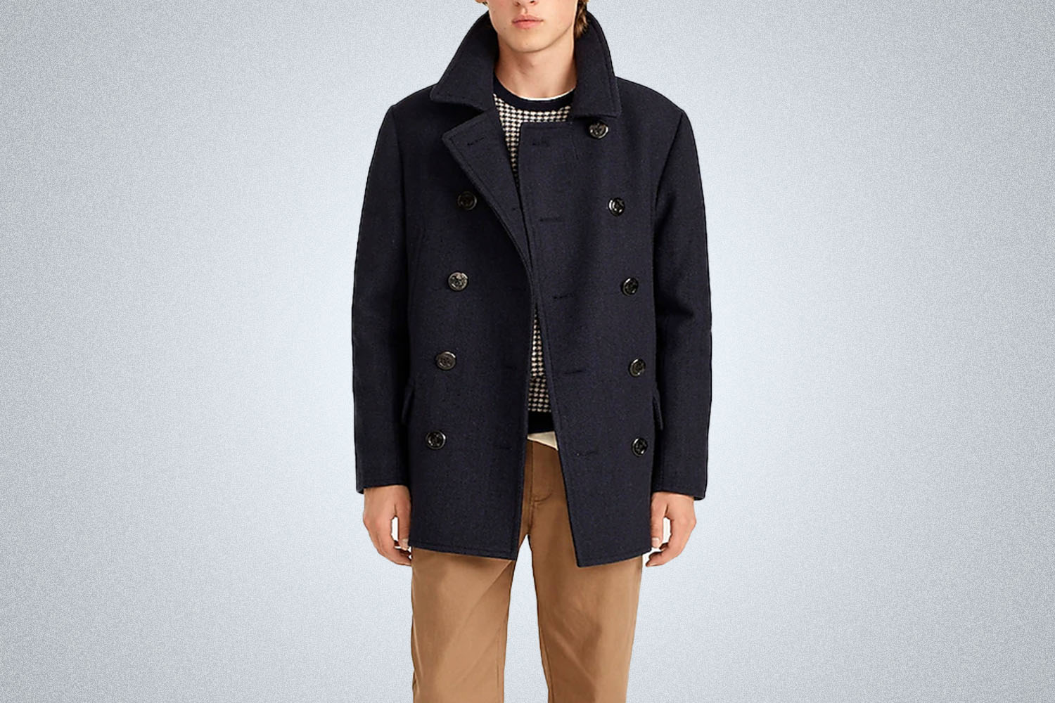 a navy lue peacoat on a model