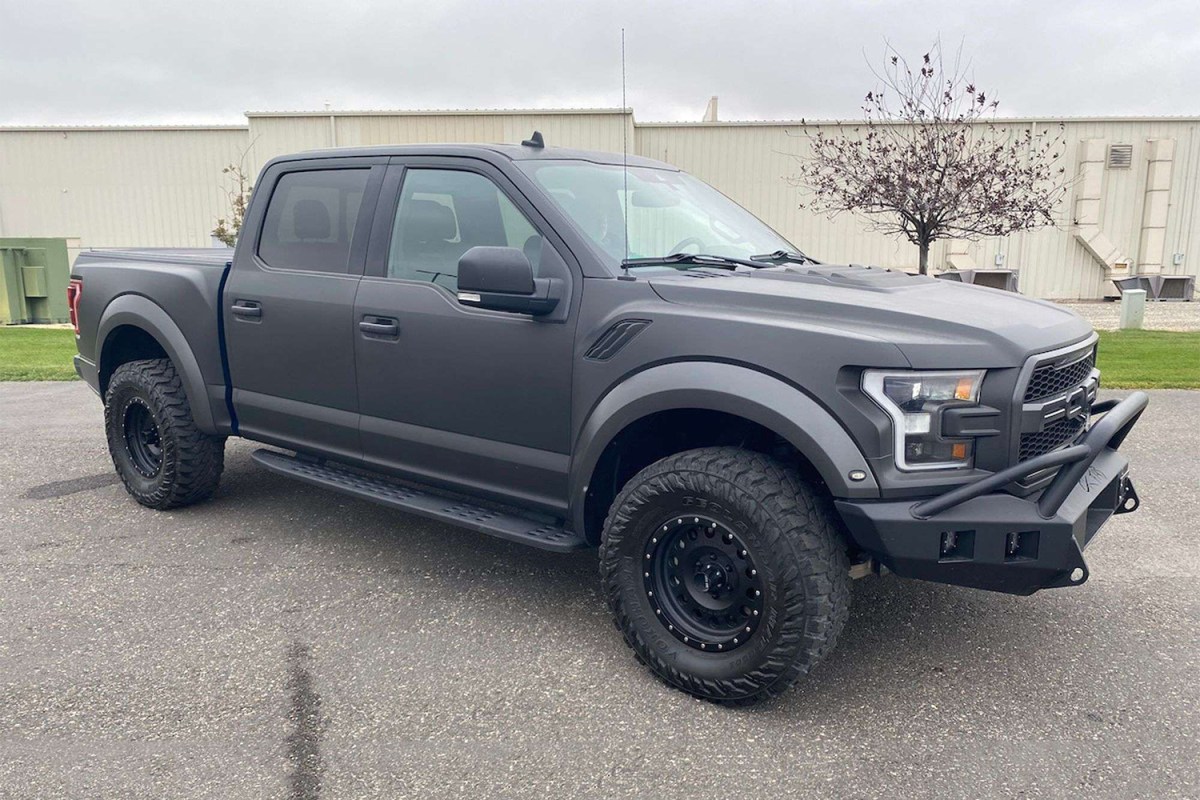 A 2019 Ford F-150 Raptor formerly owned by Kanye West. The high-performance off-road pickup truck is being sold by Musser Bros. auctions and consigned by Fremont Motors of Cody, Wyoming.