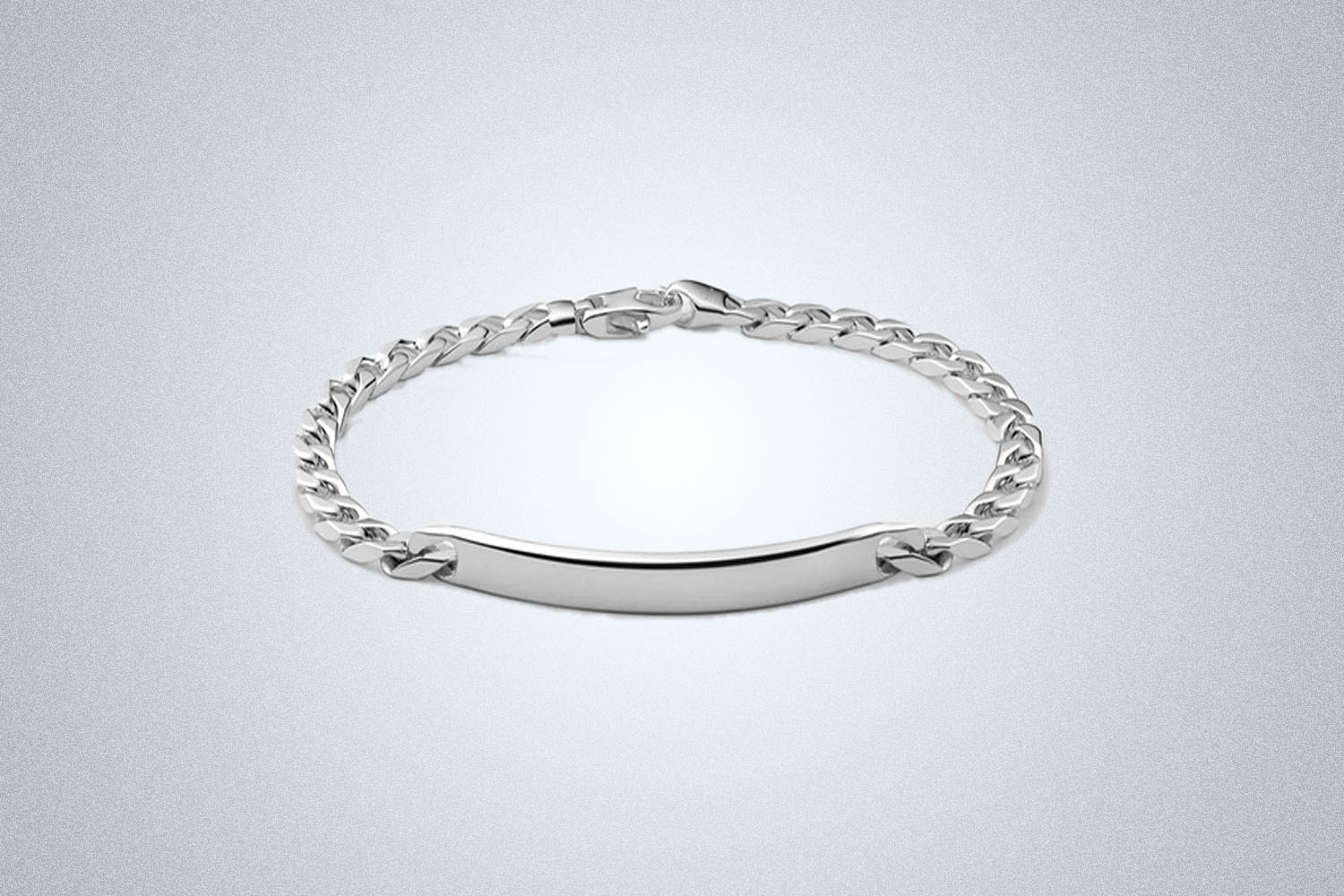 a silver bracelet with ID tag 