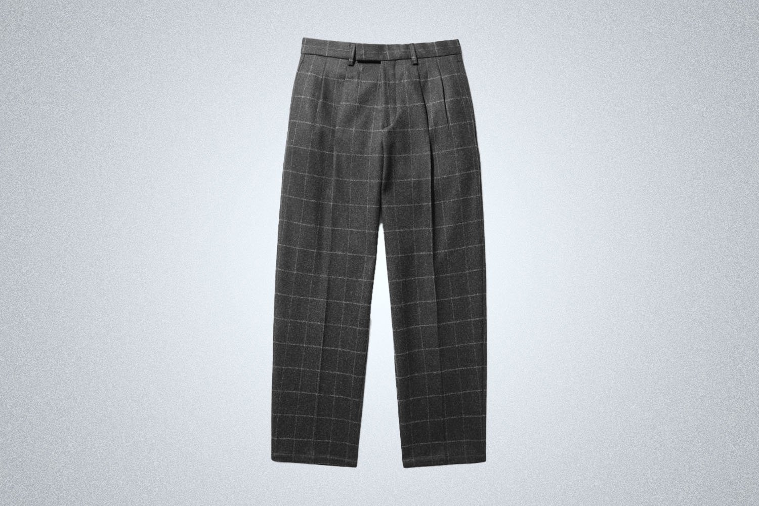 a pair of wool, grey pleated pants