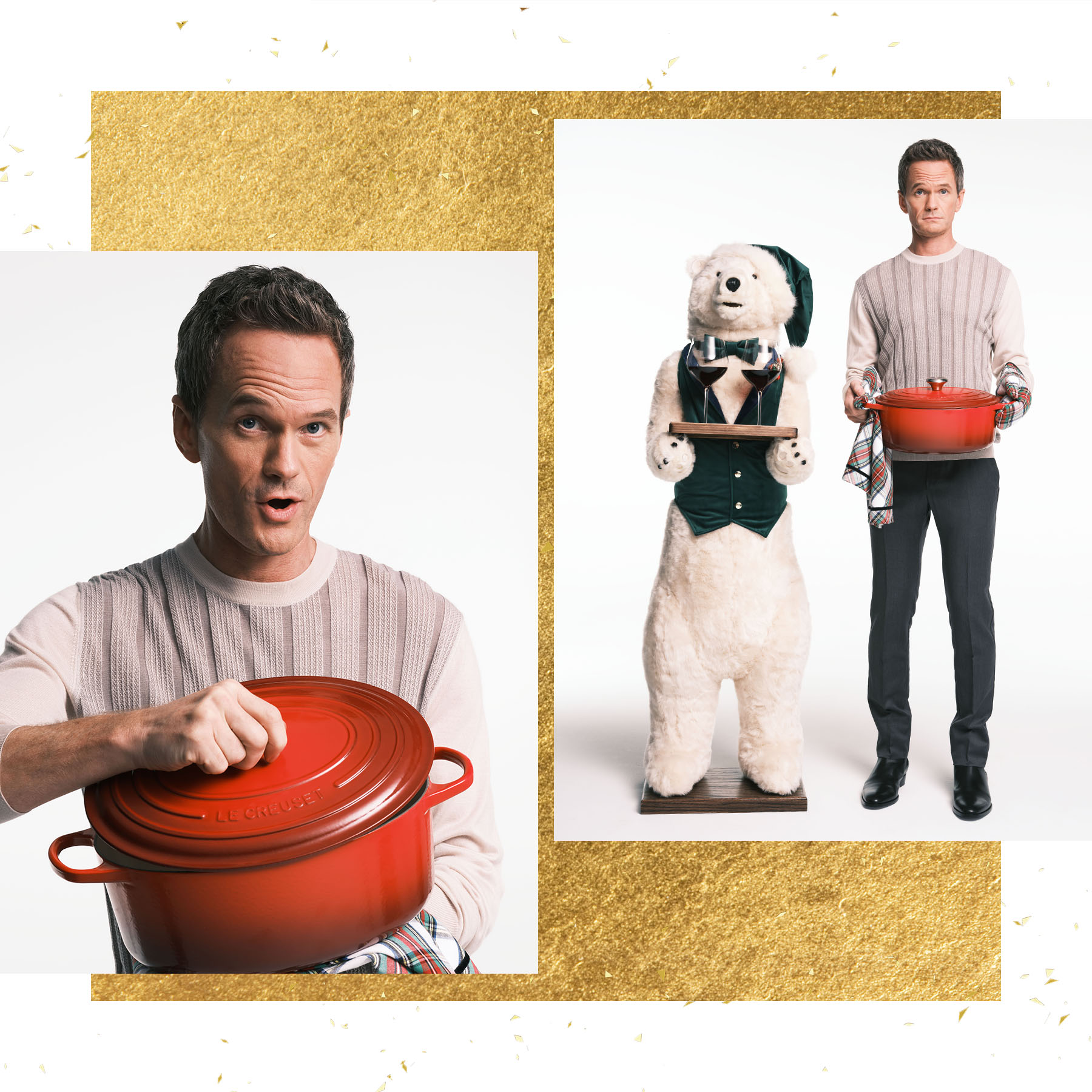 neil in a sweater holding a le cruset pot standing next to an oversized stuffed plush bear in a santa outfit