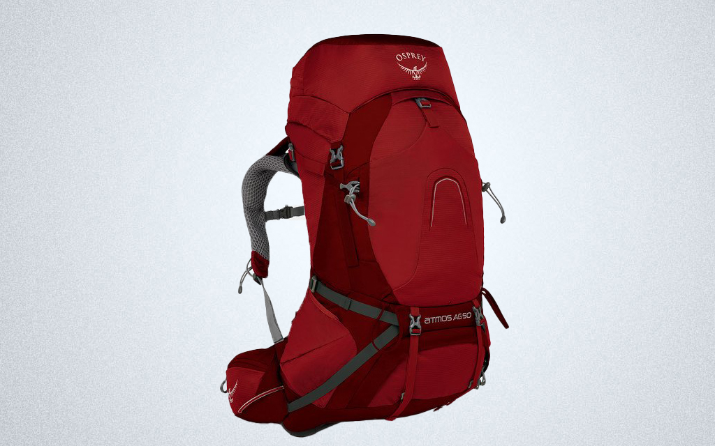 The Osprey Atmos AG 50 backpacking backpack in red is a great backpack for camping and hiking