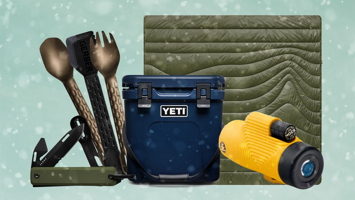 a collage of outdoor gifts on an icy blue background