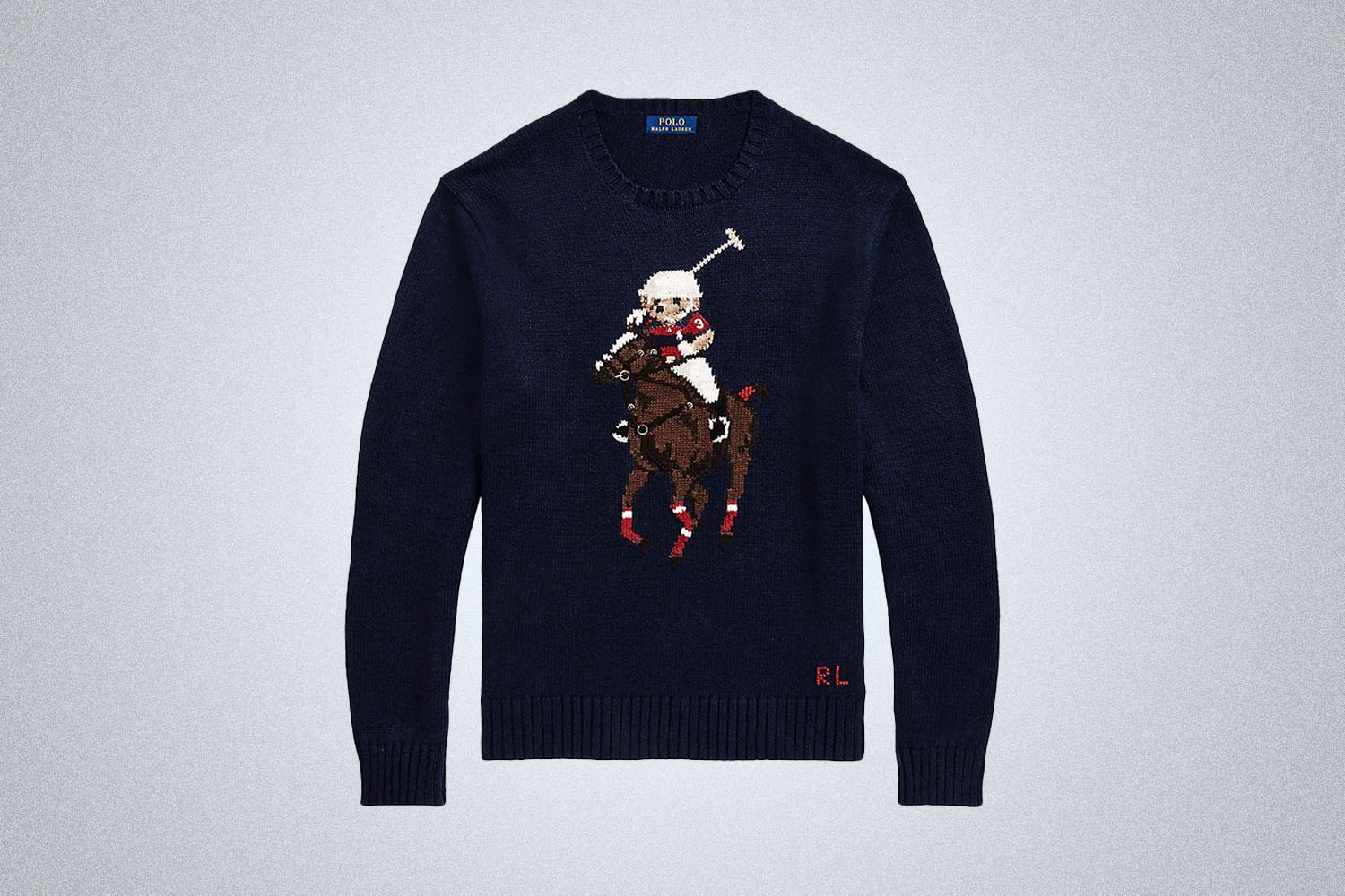 a navy sweater, embroidered with a bear 