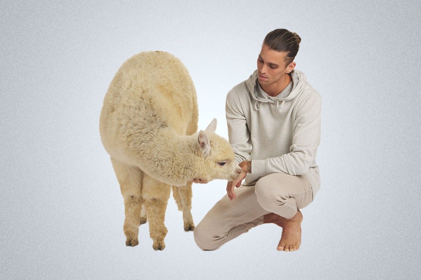 a model standing next to an alpaca