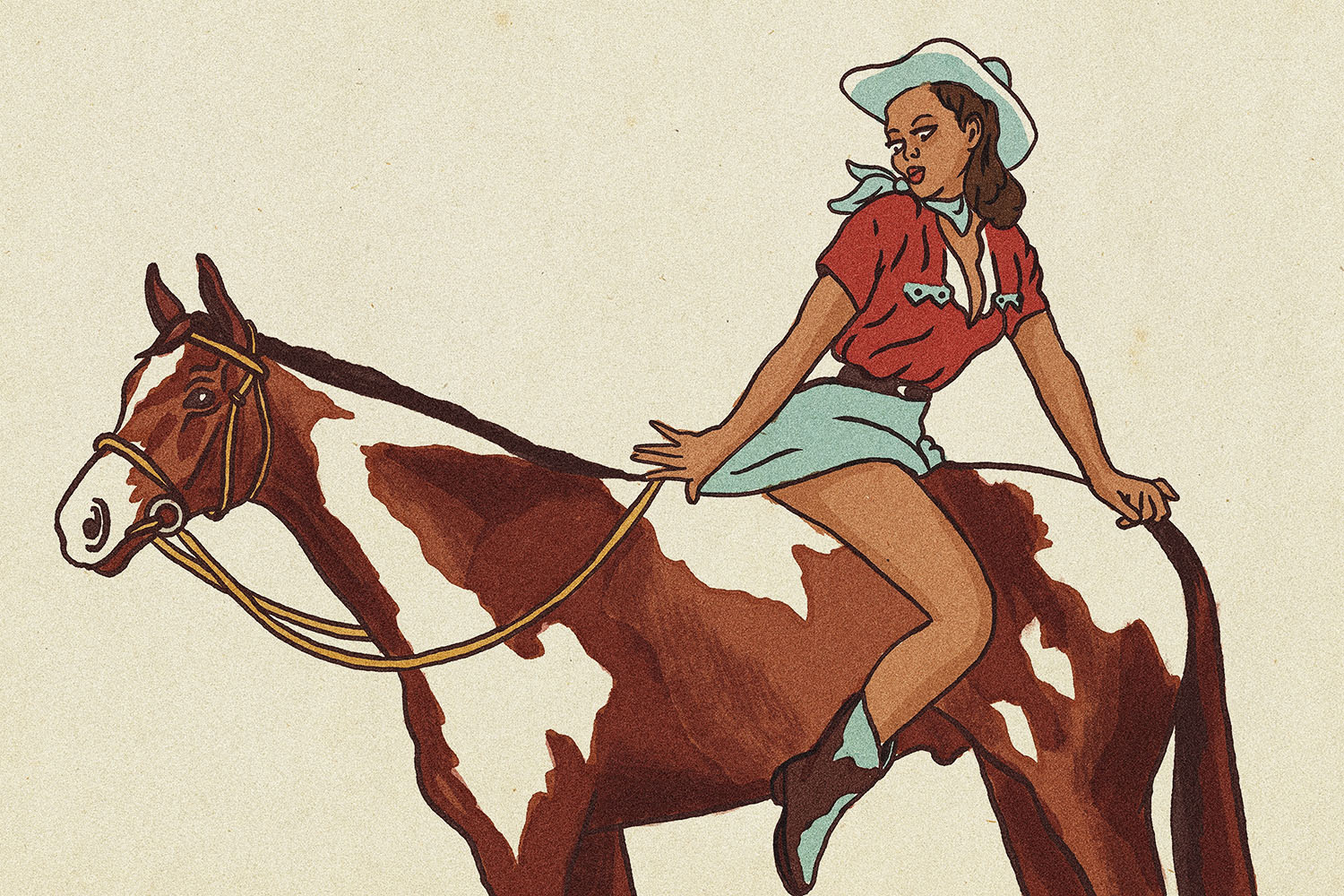 cowgirl pinup sitting backwards on a horse.