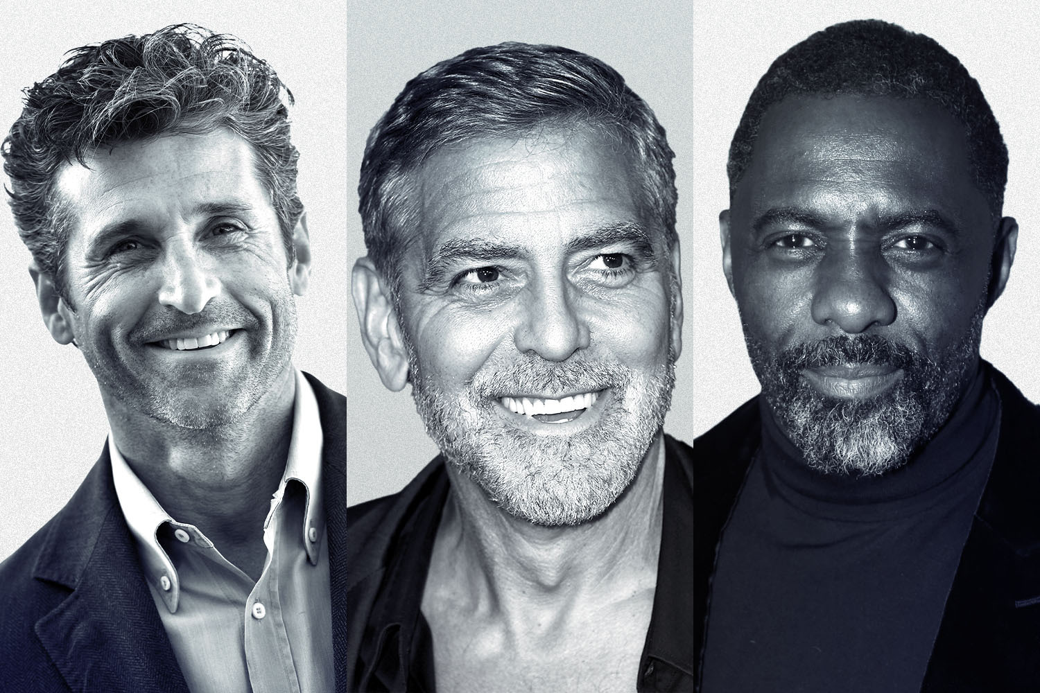 Black and white photos of Patrick Dempsey, George Clooney and Idris Elba