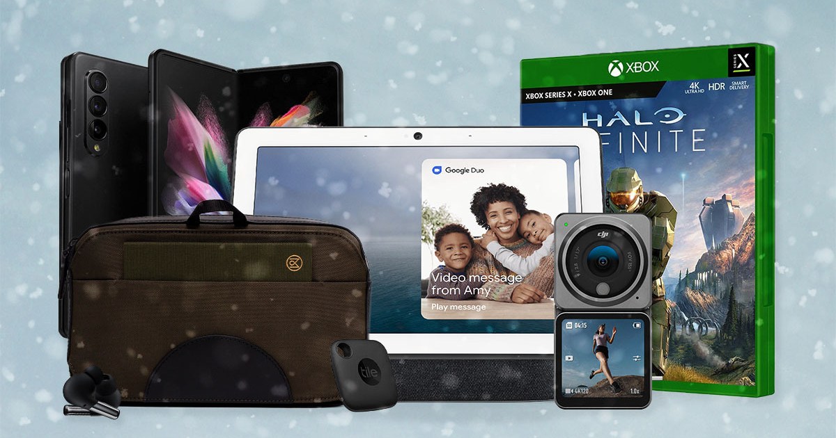 A collage of tech gifts for holiday 2021 on a green background