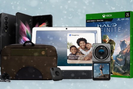 A collage of tech gifts for holiday 2021 on a green background