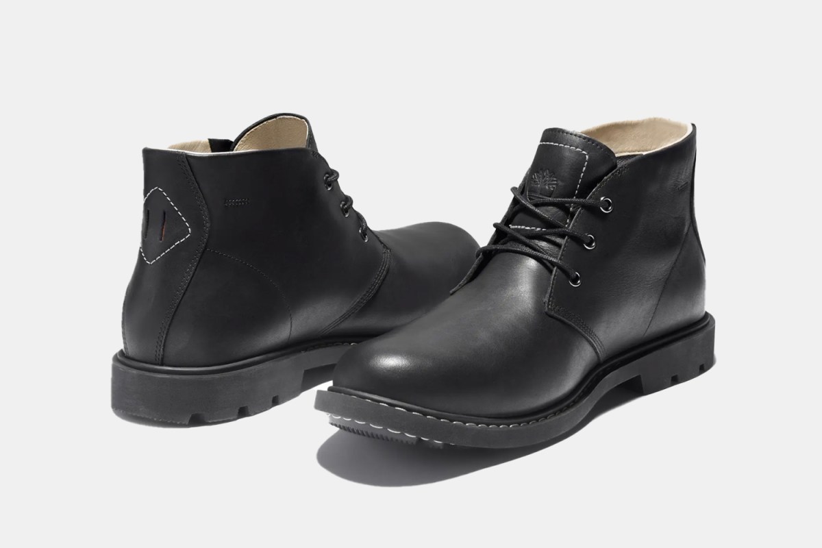 a pair of black leather Chukka boots