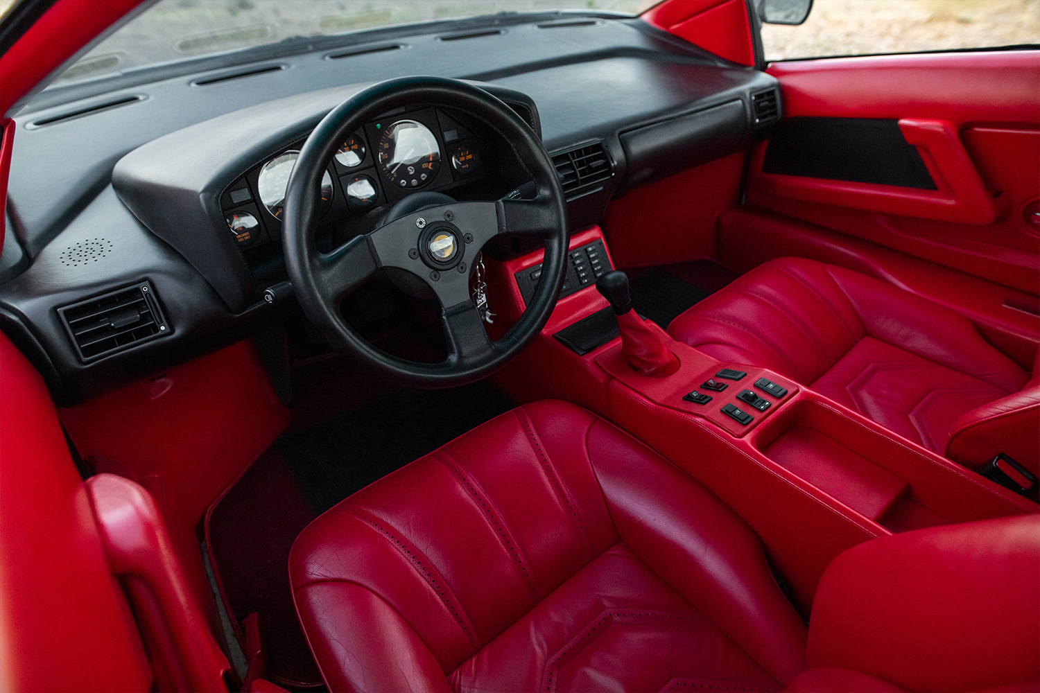 The red leather interior of the 1988 Cizeta-Moroder V16T built by Claudio Zampolli and owned by Giorgio Moroder. It's heading to auction at RM Sotheby's in 2022.