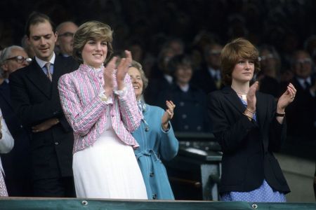 Princess Diana in pink and white at a tennis match in London, England in 1981
